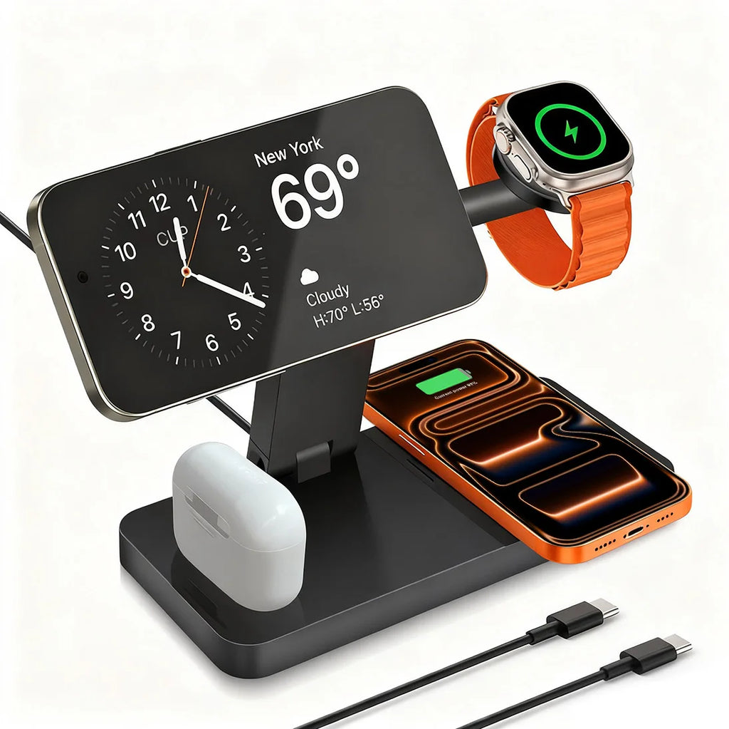 Station de Charge 4-en-1 Magnétique Verticale – iPhone 17-13 Pro Max iWatch 8 7 Sans Fil