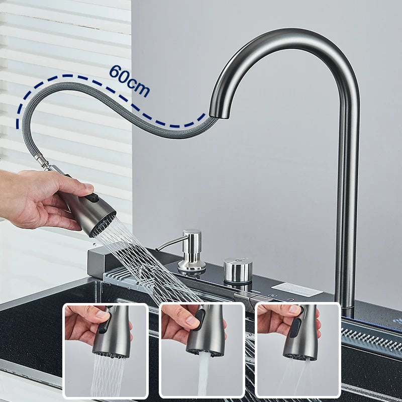 Évier Cuisine Inox 75x45cm Affichage Digital Température – Grand Bac, Robinet Cascade Eau Chaude & Froide | Design Moderne