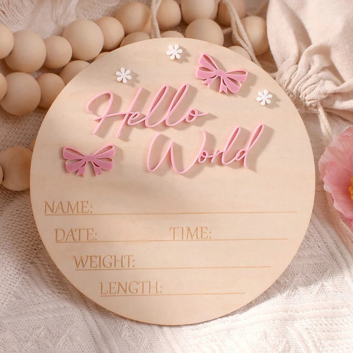 Pancarte Naissance Bébé « Hello World » – Déco Maternité Rose Poudré Papillon Étoile Photo Nouveau-Né