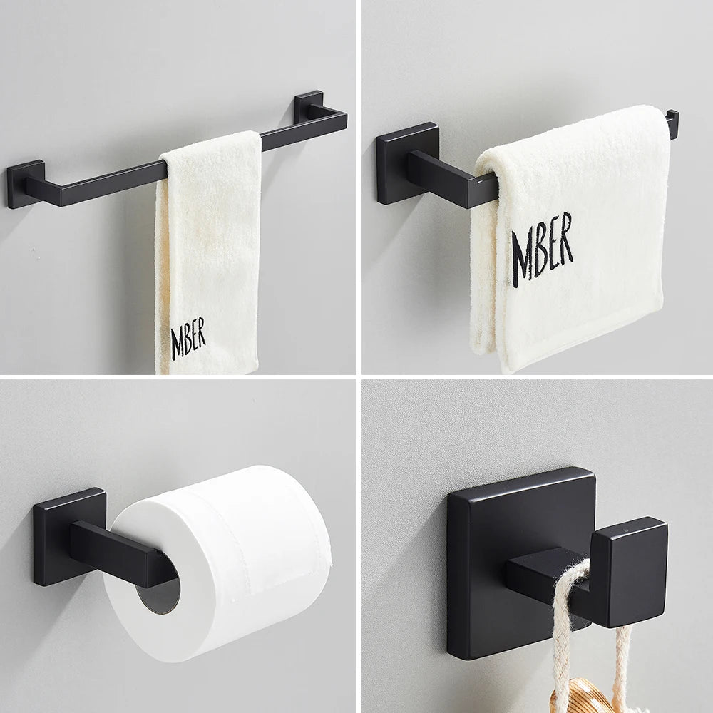 Set Accessoires Salle de Bain Inox – Porte-Serviettes, Porte-Papier & Crochet | Noir & Or Mural