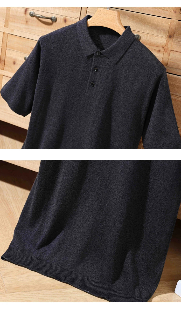 Herren-Polo-Pullover aus 100 % Merinowolle – Lapierre-Kragen Kurzarm Locker gestrickt Sommer Übergröße | Premium Herrenmode