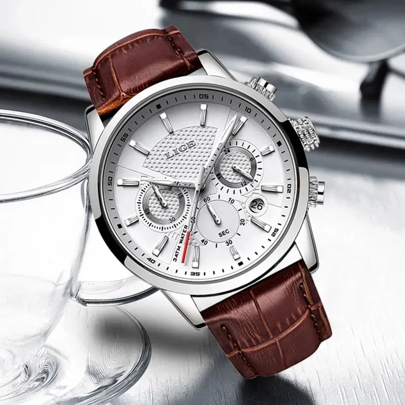 Montre Homme Luxe LIGE Chronographe Quartz Cuir – Business Sport Étanche Date 2025