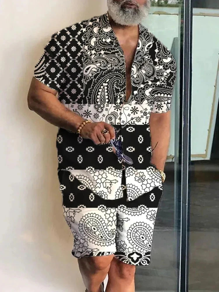 Ensemble 2 Pièces Homme Chemise Hawaïenne Manches Courtes + Short À Cordon Été Vacances Resort | Set Hawaii Premium