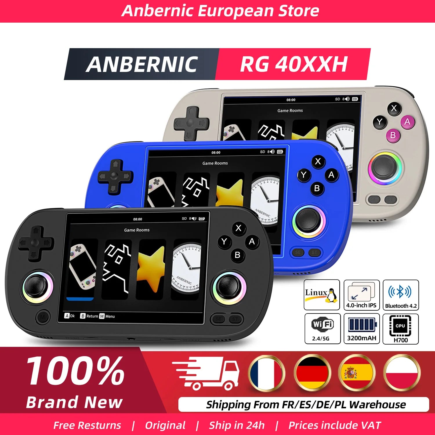 Anbernic RG40XXH Console Gaming Rétro Portable 4.0" – 64G, 5000+ Jeux Préchargés, Système Linux 64-bit | Emulateur Retrogaming