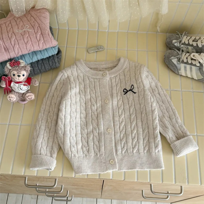 Gilet Cardigan Tricoté Fille Couleur Unie – Pull Mode Enfant Printemps Automne Hiver