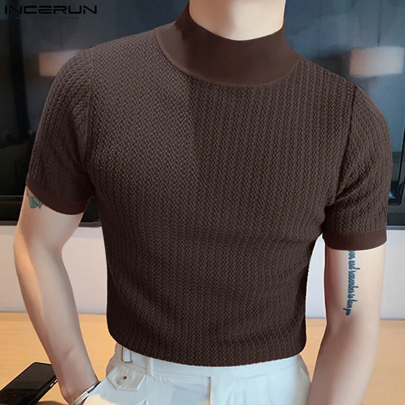 T-Shirt Homme Moulant Col Haut Texturé Couleur Unie Manches Courtes Style Coréen K-Fashion Streetwear Casual Été | Tee Shirt Col Haut K-Fashion Premium