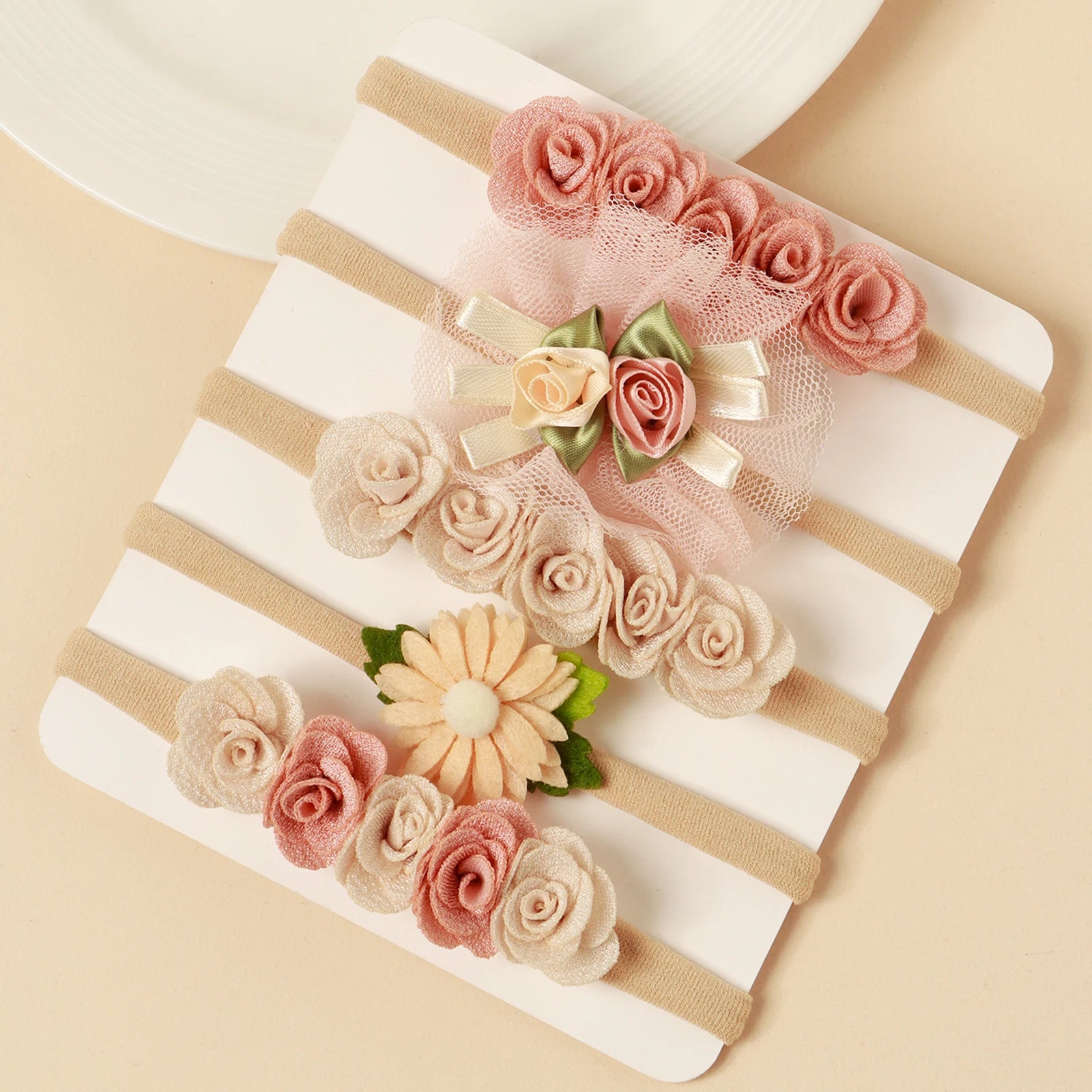 Lot 5 Bandeaux Fleurs Dentelle Rose Bébé Fille – Accessoires Cheveux Nouveau-Né Photo Mignons