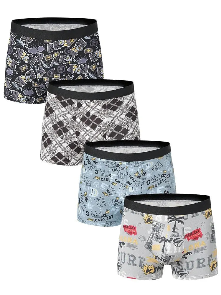 Pack 4 Boxers Homme Imprimés Taille US/EU Confortables Fashion Slip Short de Bain Oversize Sous-Vêtements Premium Multicolore – Pack 4 Boxers Premium Imprimés | Mode Homme Sous-Vêtements Premium