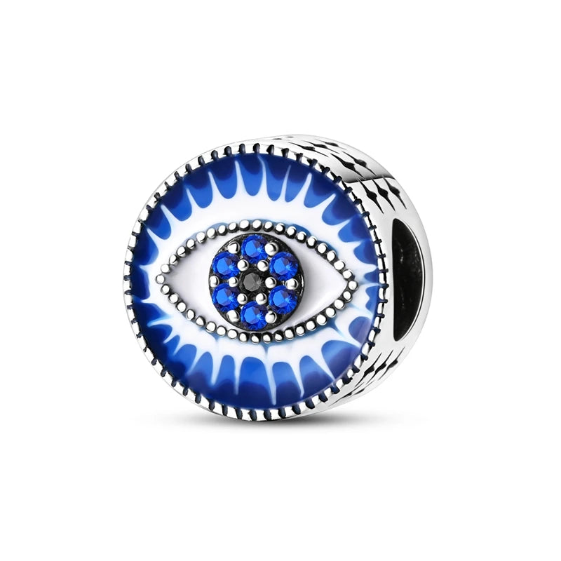 Charm Argent 925 Bleu Rotatif – Œil Démon, Main, Lune & Ciel Étoilé | Perle Pendentif Bracelet Femme | Bijou Spirituel & Mystique
