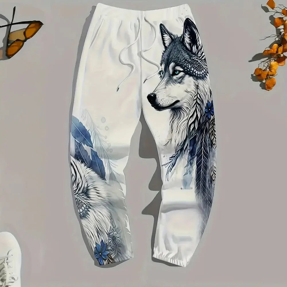 Men's Large Size Loose Pocket Draw Rope Sports Sweatpants Winter New Thick Warm Sweatpants Fashion Dragon Print Sweatpants