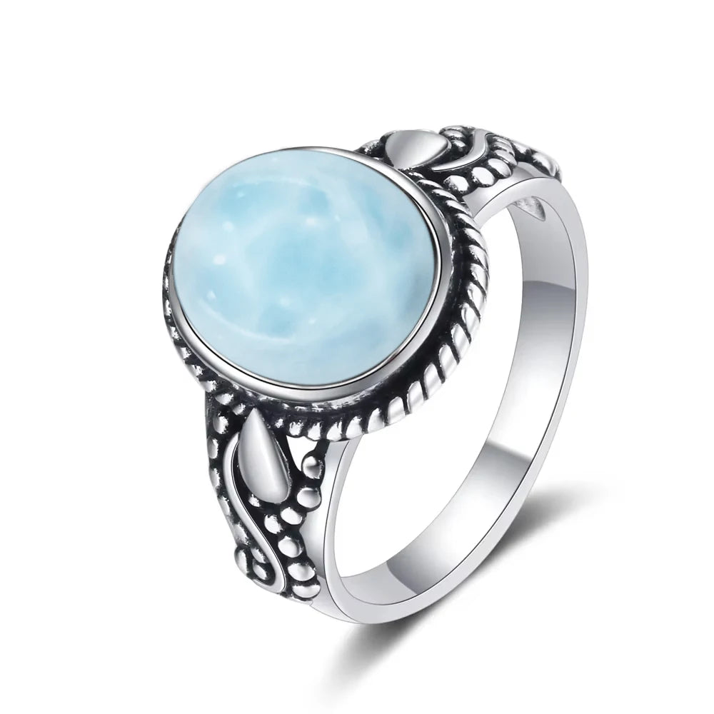 Bague Argent 925 Pierre Larimar Naturelle Vintage – Forme Fleur Ronde Bleu Ciel & Eau de Mer | Bijou Fin Unisexe Pierre Rare des Caraïbes & Cadeau Premium
