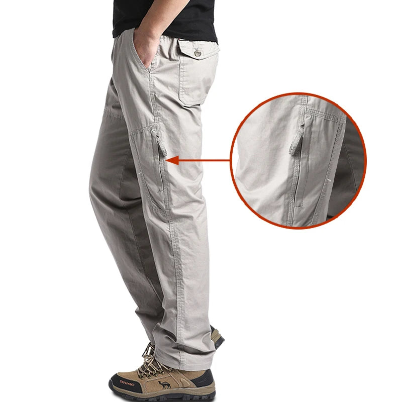 Pantalon Cargo Homme Coton Haute Qualité Multi-Poches Taille Élastique Loose – Casual Outdoor Camping Randonnée Travail Printemps Automne | Mode Homme Tactique