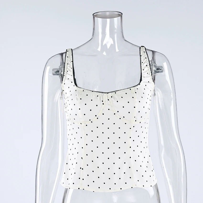 Top Camisole Femme Soie Pois Dos Nu Dentelle Bretelles Fines – Élégant Street Chic Sans Manches | Printemps 2026