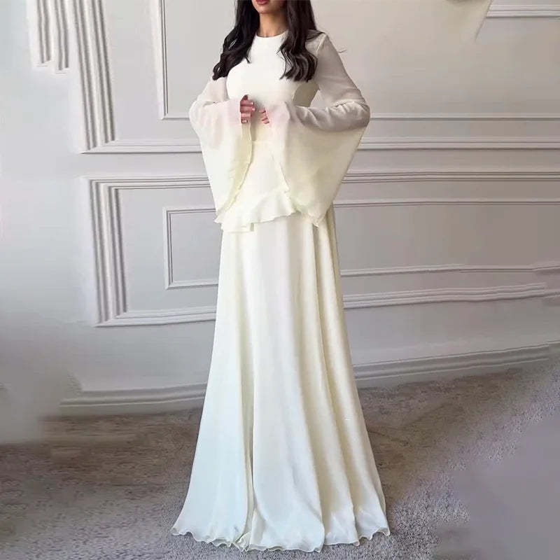 Robe Maxi Femme Chiffon Unie Volants Manches Papillon Col Rond – Élégante Soirée & Gala | 2025