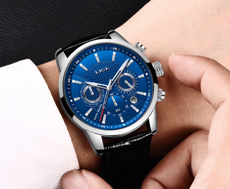 Montre Homme Luxe LIGE Chronographe Quartz Cuir – Business Sport Étanche Date 2025