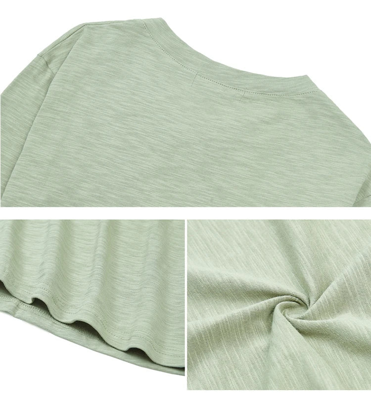 T-Shirt Slub-Baumwolle Langarm V-Ausschnitt Knöpfe - Koreanischer Stil Locker Lässig Frühling
