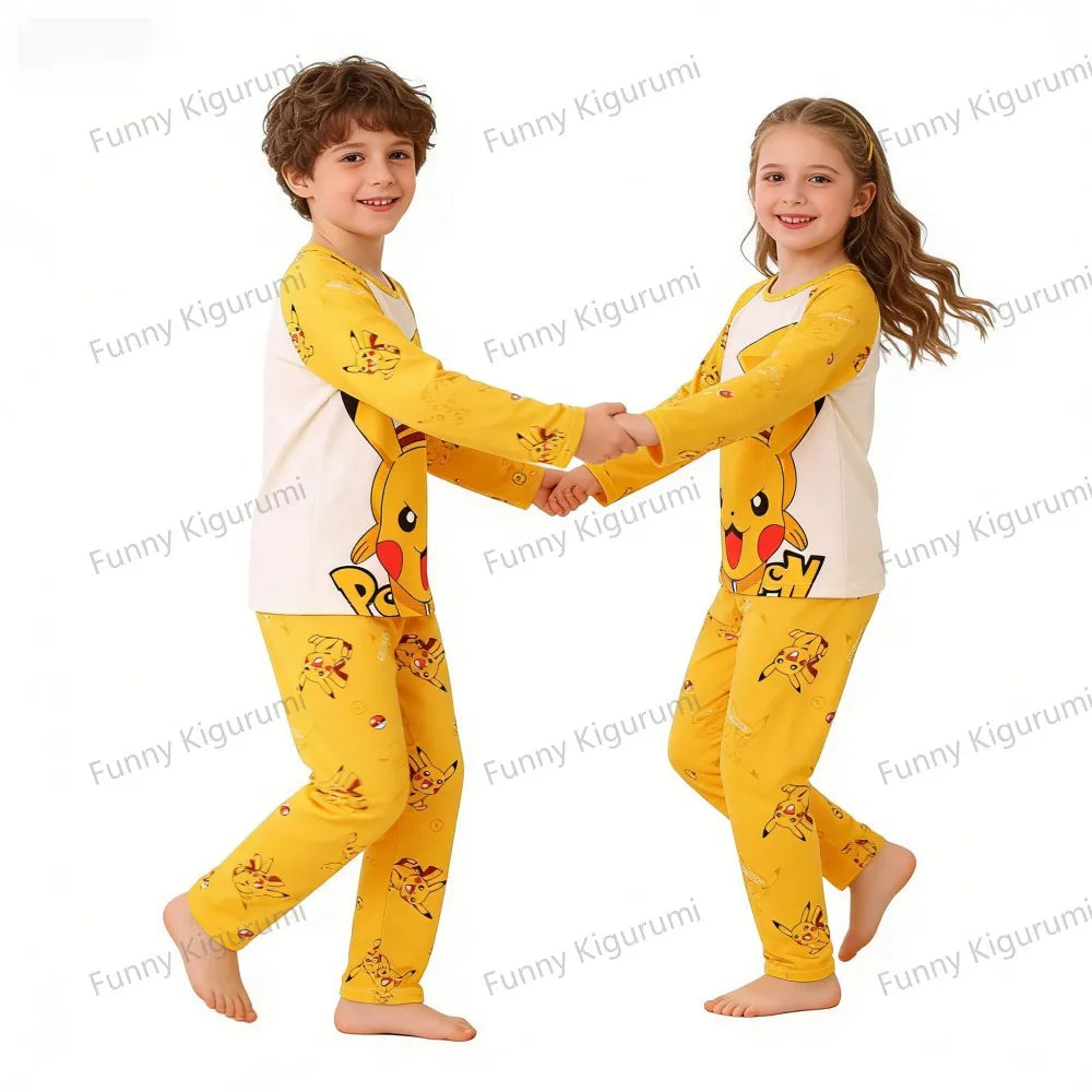 Pyjama Enfant Cartoon Pikachu – Ensemble 2 Pièces Manches Longues Garçon Fille 3-13 Ans