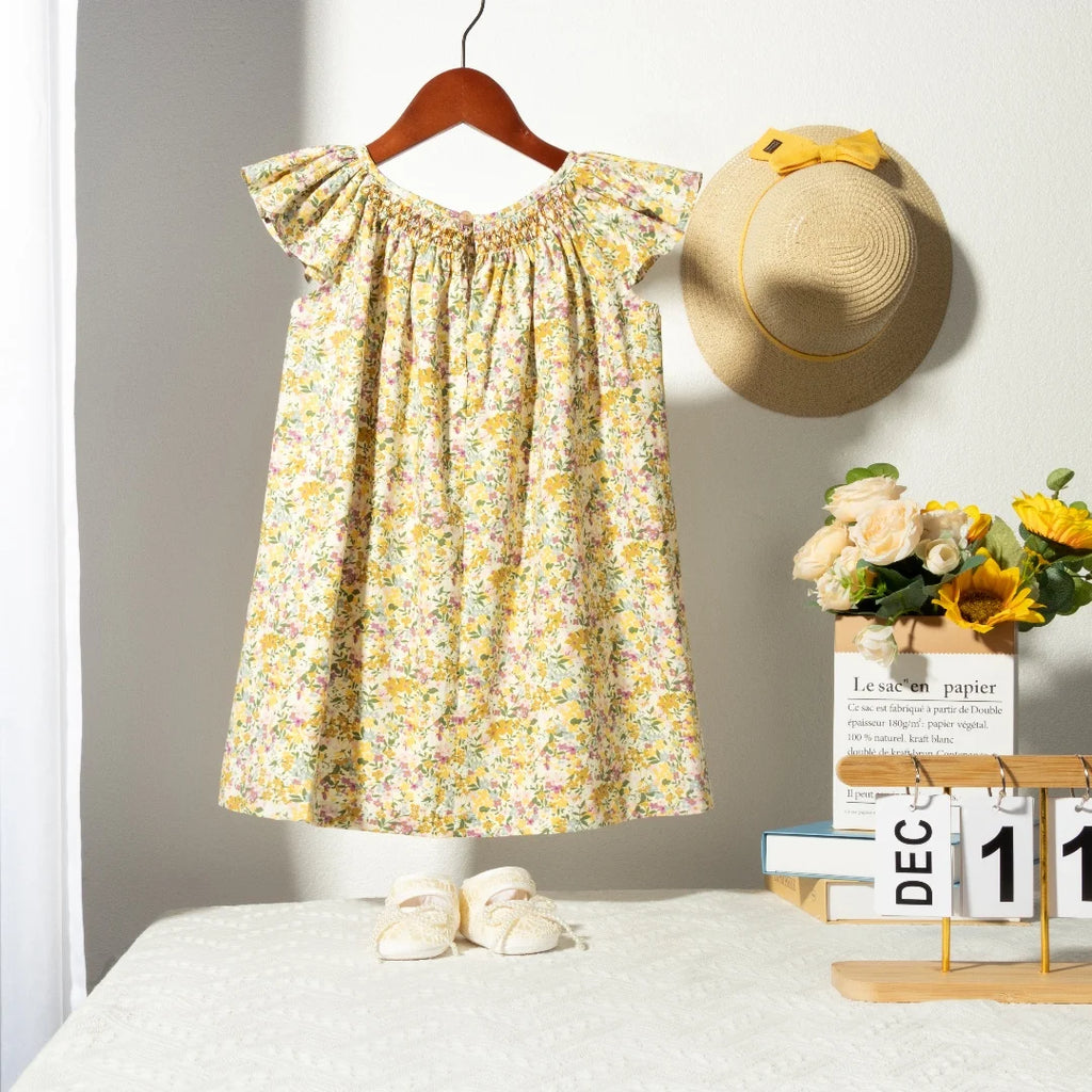 Robe Été Fille Fleurie Smockée Manches Volantes – Tenue Quotidienne Adorable 1-6 Ans
