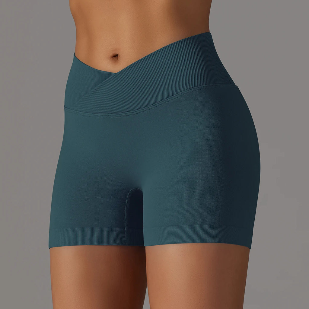 Short Yoga Femme Taille Haute Croisée Gainant Fessier Gym Running Fitness – Short Sport Sculptant Élastique | Mode Athleisure