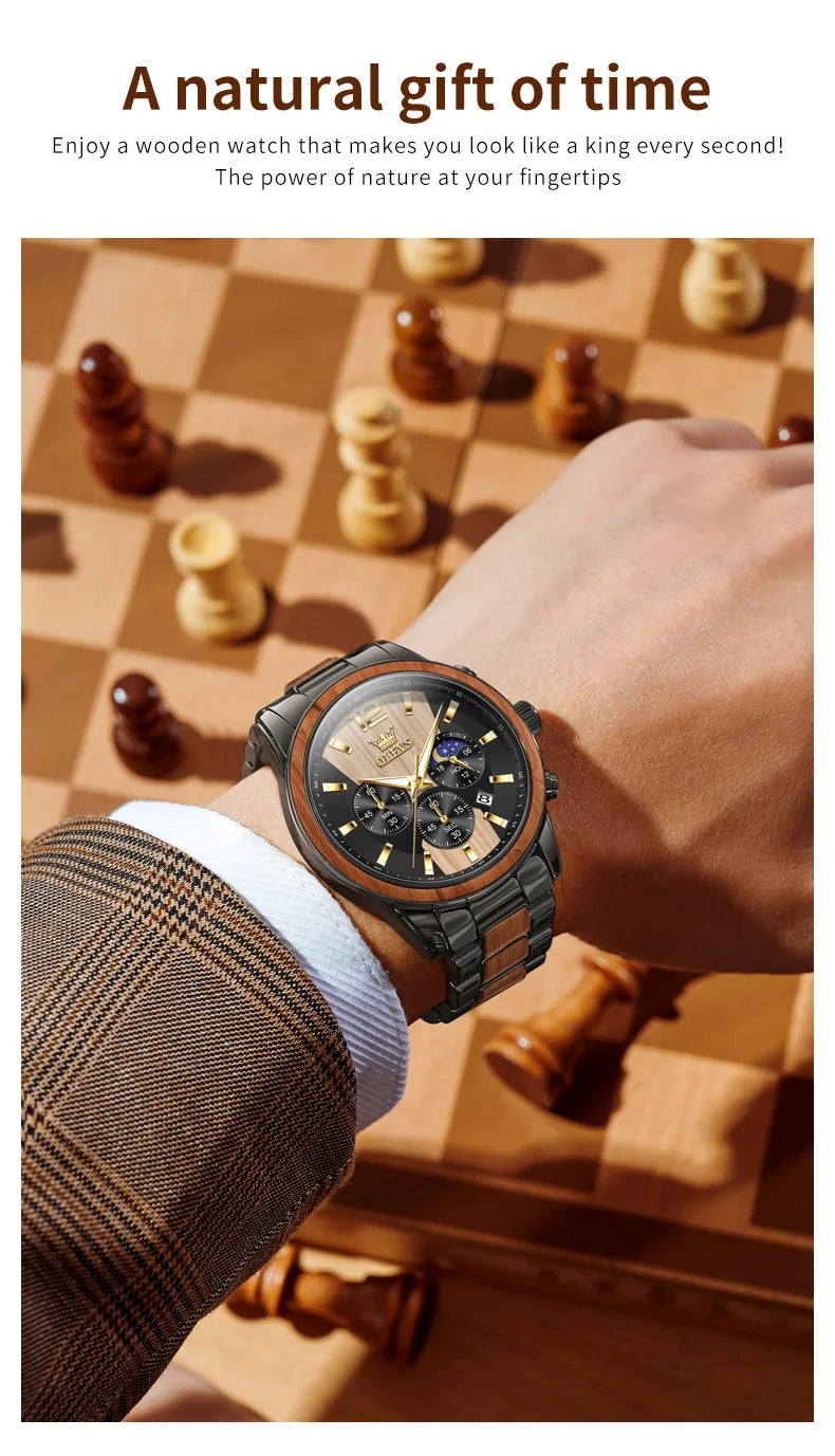 Montre Homme OLEVS Luxe Quartz – Bracelet Acier & Bois Santal Rouge Lumineux Étanche Calendrier