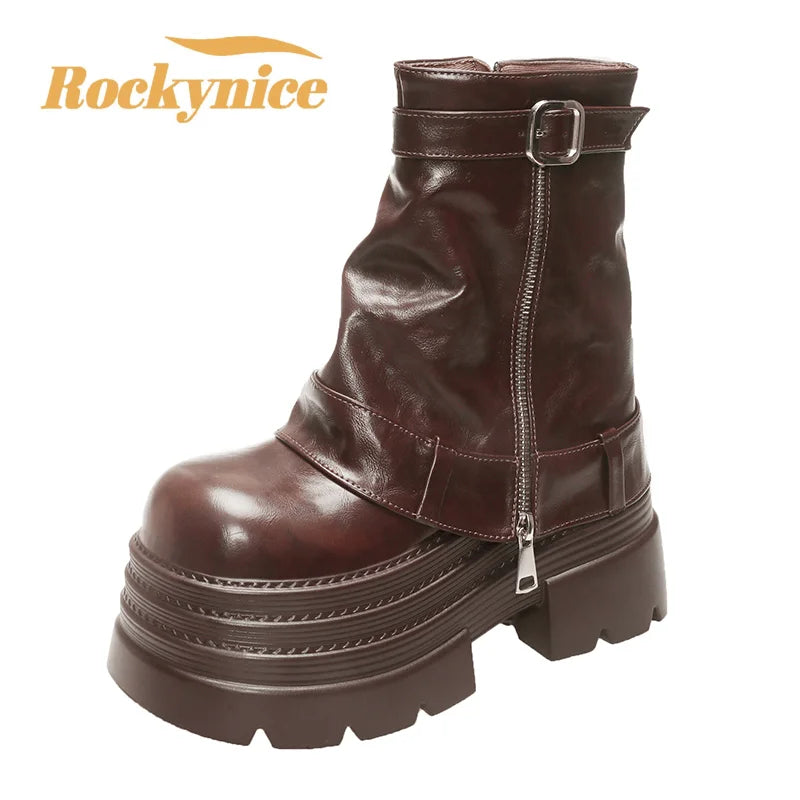 Bottines Cuir Femme 10CM Chunky Platform – Combat Boots Punk Moto Non-Slip Automne Hiver