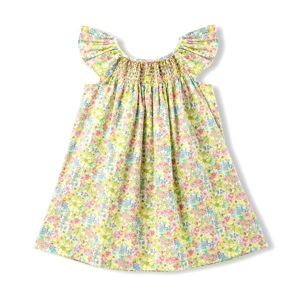 Robe Été Fille Fleurie Smockée Manches Volantes – Tenue Quotidienne Adorable 1-6 Ans