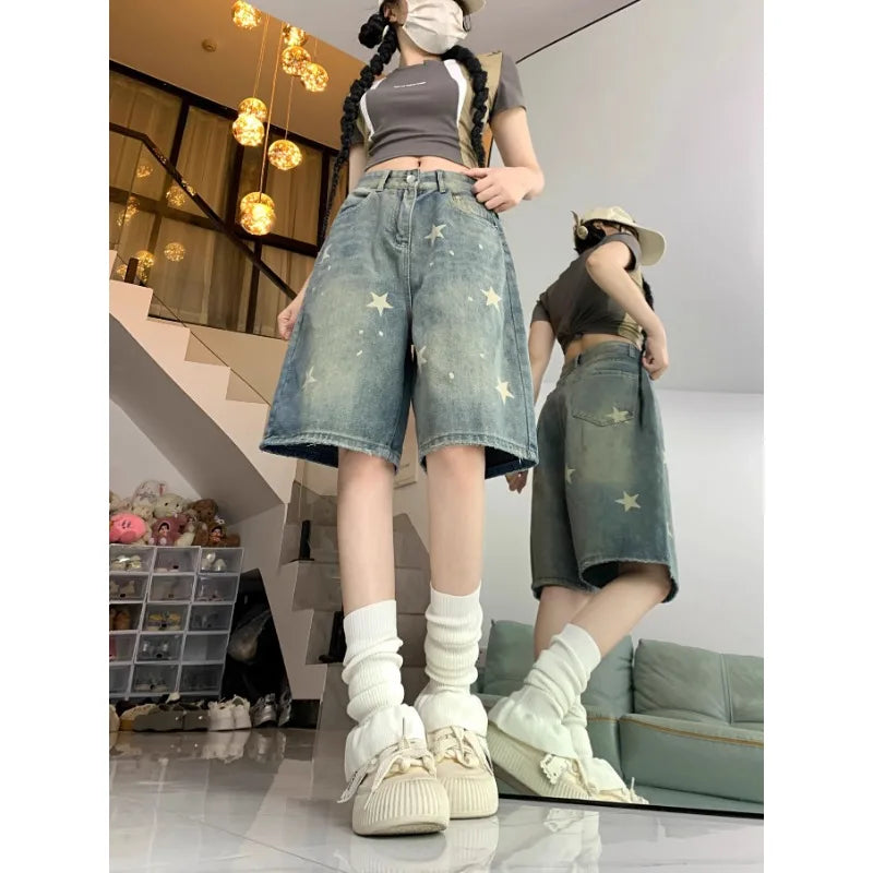 Short Jean Femme Imprimé Floral & Étoiles Style Rétro Américain – Jambe Droite Large Stretch Confortable