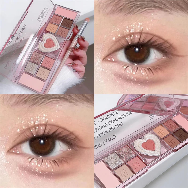 Palette Fards À Paupières 12 Couleurs Coeur Rose – Tons Froids Mat & Brun | Maquillage Coréen Naturel