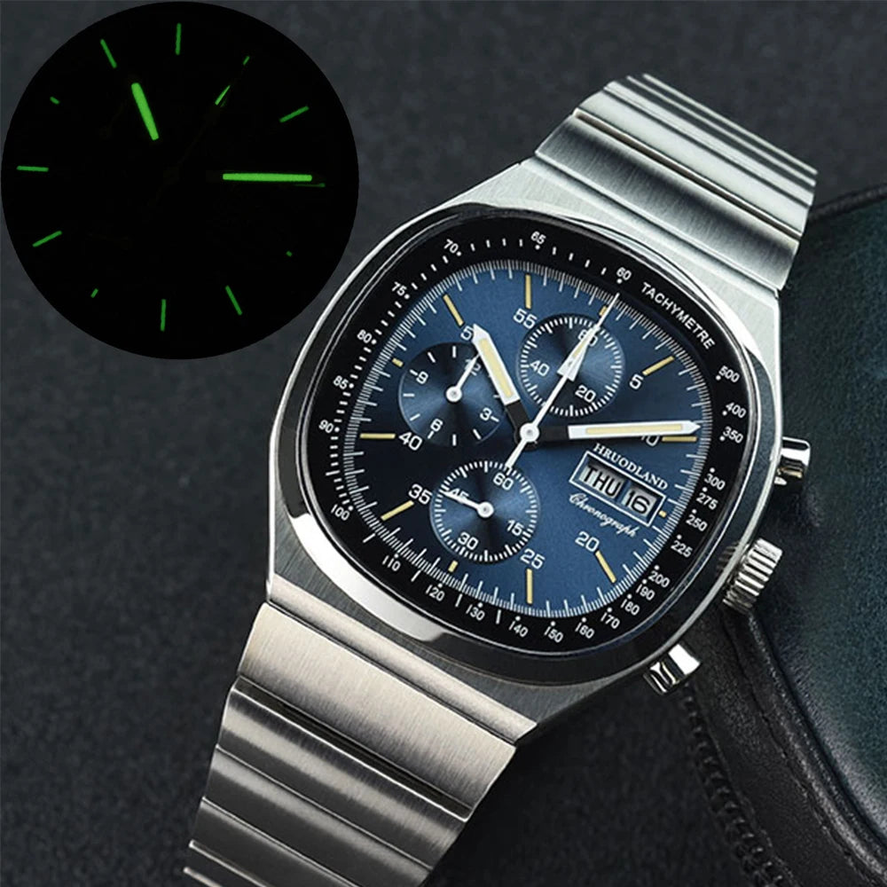 Hruodland F022 Retro Chronograph-Herrenuhr – Saphirglas Edelstahl Blau & Schwarz Fashion