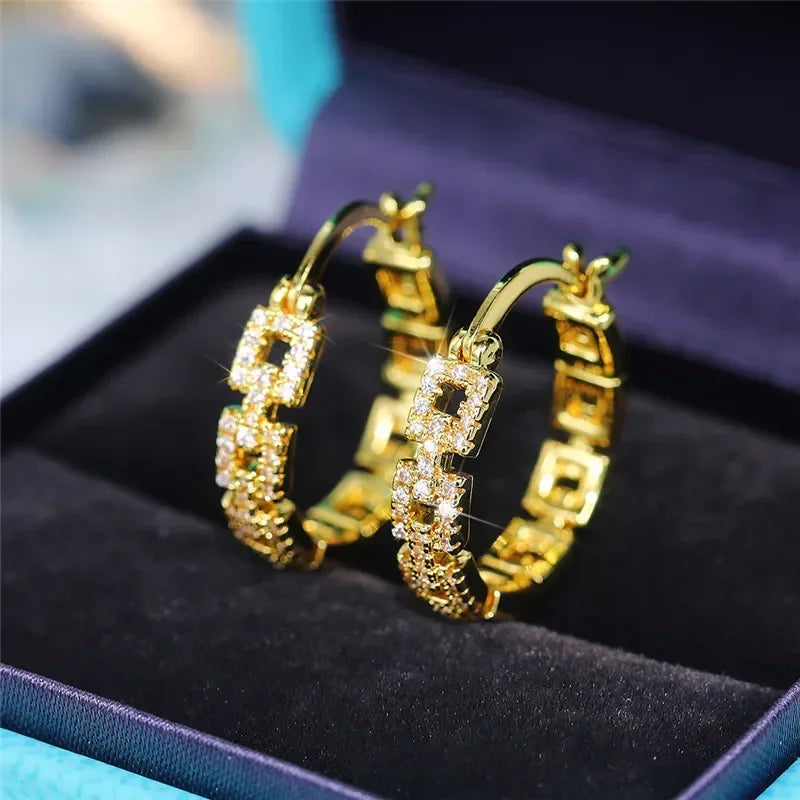 Créoles Luxe Pavées Zircon Couleur Or — Boucles d'Oreilles Femme Élégantes