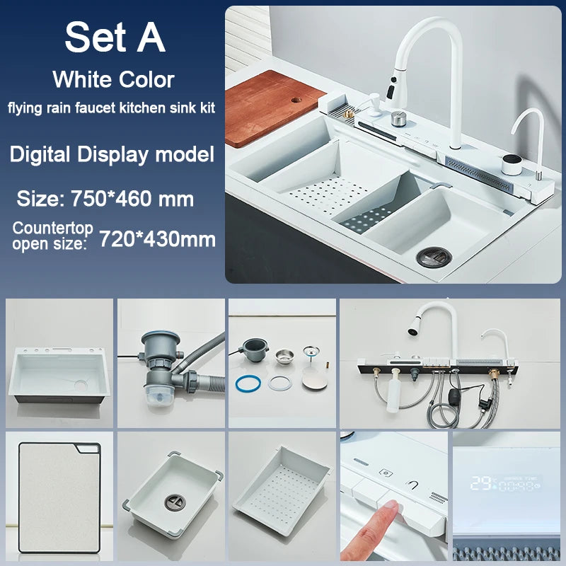 Évier Cuisine Inox 75x45cm Affichage Digital Température – Grand Bac, Robinet Cascade Eau Chaude & Froide | Design Moderne