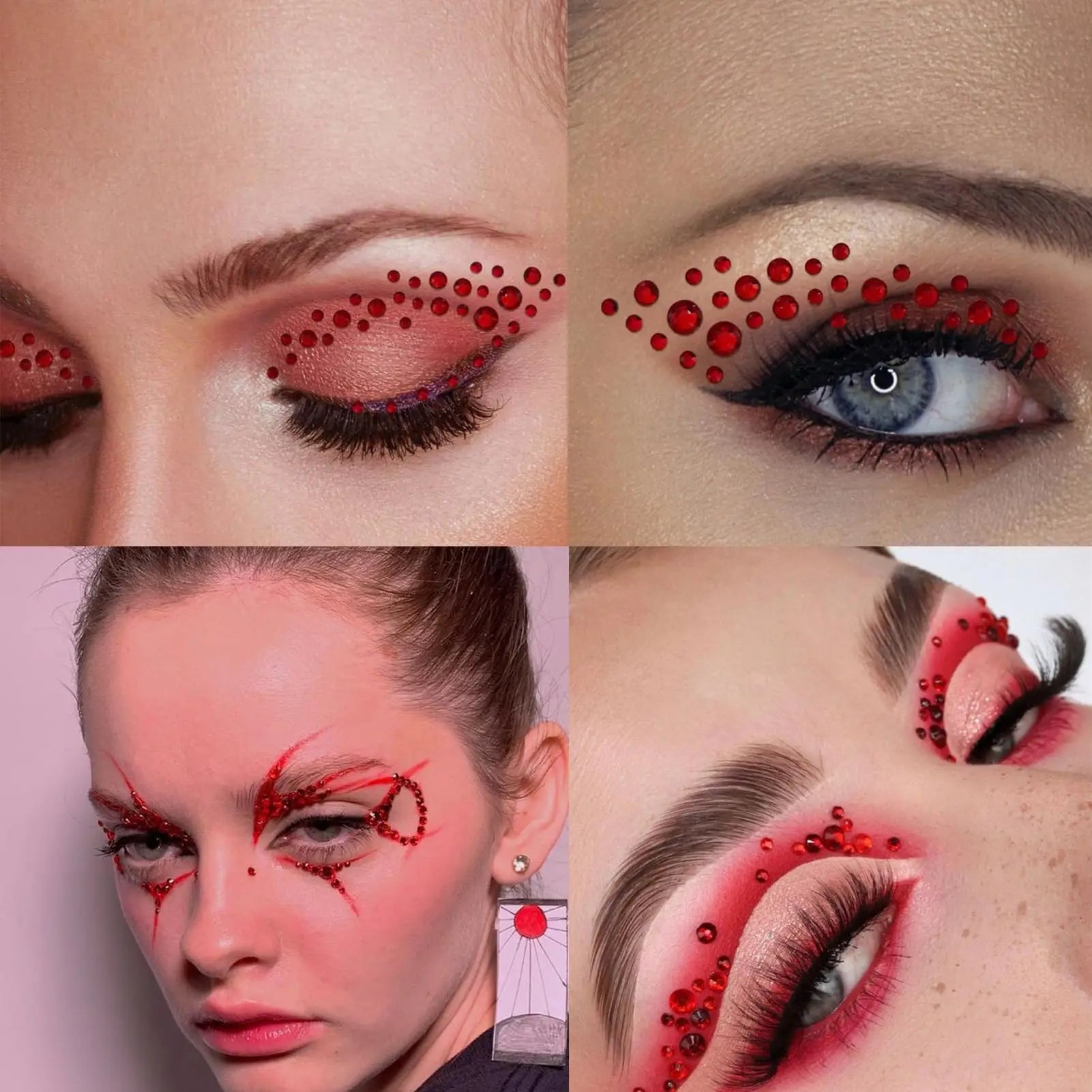 3 Planches Strass Visage Noël Rouge – Stickers Autoadhésifs Bijoux Yeux 3-6mm | Maquillage DIY Piercing Fantaisie