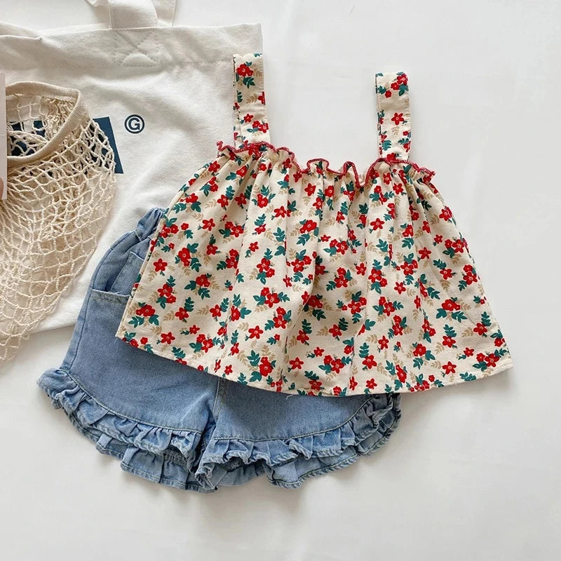 Ensemble Fille Été Bretelles + Short – Tenue Casual Enfant Jupe Fleurie 2 Pièces