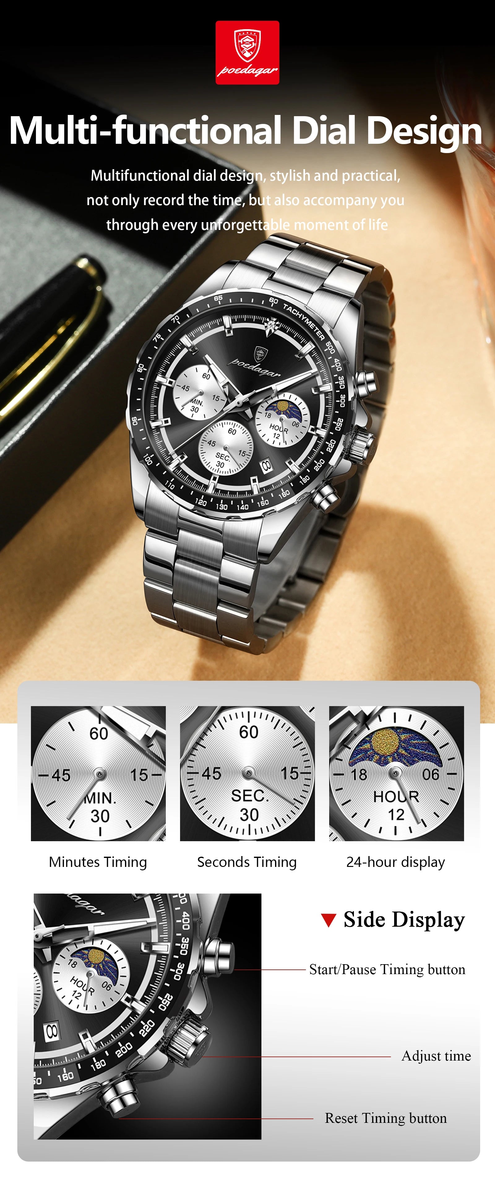 Montre Homme POEDAGAR Business Quartz Chronographe – Acier Lumineux Étanche Date Fashion