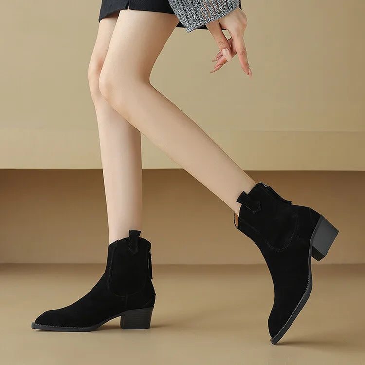 Bottes Suède Vache Chunky Heel Western Femme – Bout Pointu Noir Zip Concis Automne