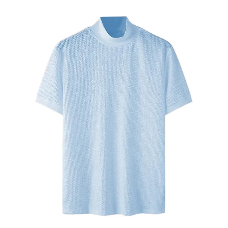 T-Shirt Homme Moulant Col Haut Texturé Couleur Unie Manches Courtes Style Coréen K-Fashion Streetwear Casual Été | Tee Shirt Col Haut K-Fashion Premium