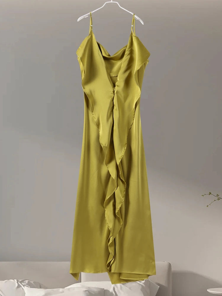 Robe Maxi Satin Femme Volantée Bretelles Fente Latérale Dos Nu Sans Manches Sexy – Longue Élégante Soirée Club | Glamour 2025