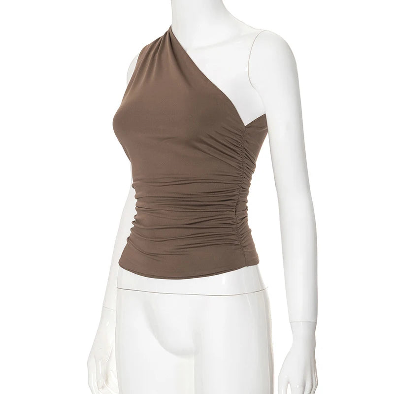 Top Une Épaule Dos Nu Femme – Couleur Bonbon Ajusté Sans Manches | Sexy Casual Été