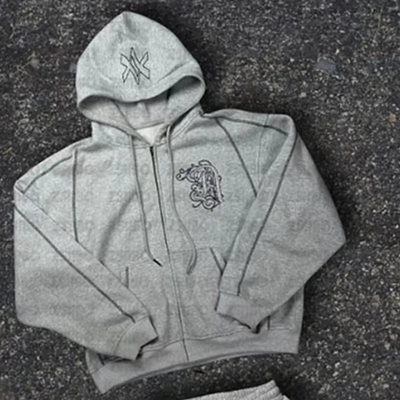 Ensemble 2 Pièces Y2K Américain Unisexe – Sweat Capuche Zip Oversize Broderie Hip Hop + Jogging Casual Homme & Femme | Streetwear