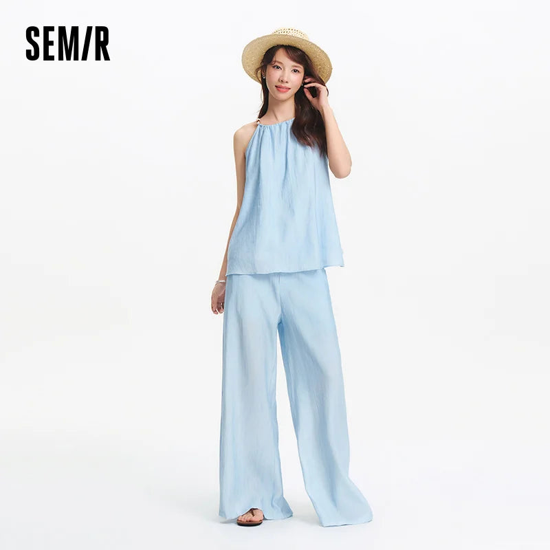 Ensemble 2 Pièces Femme Lin Pantalon Large Nœud Bretelles – Tenue Été Vacances Légère | Semir 2025