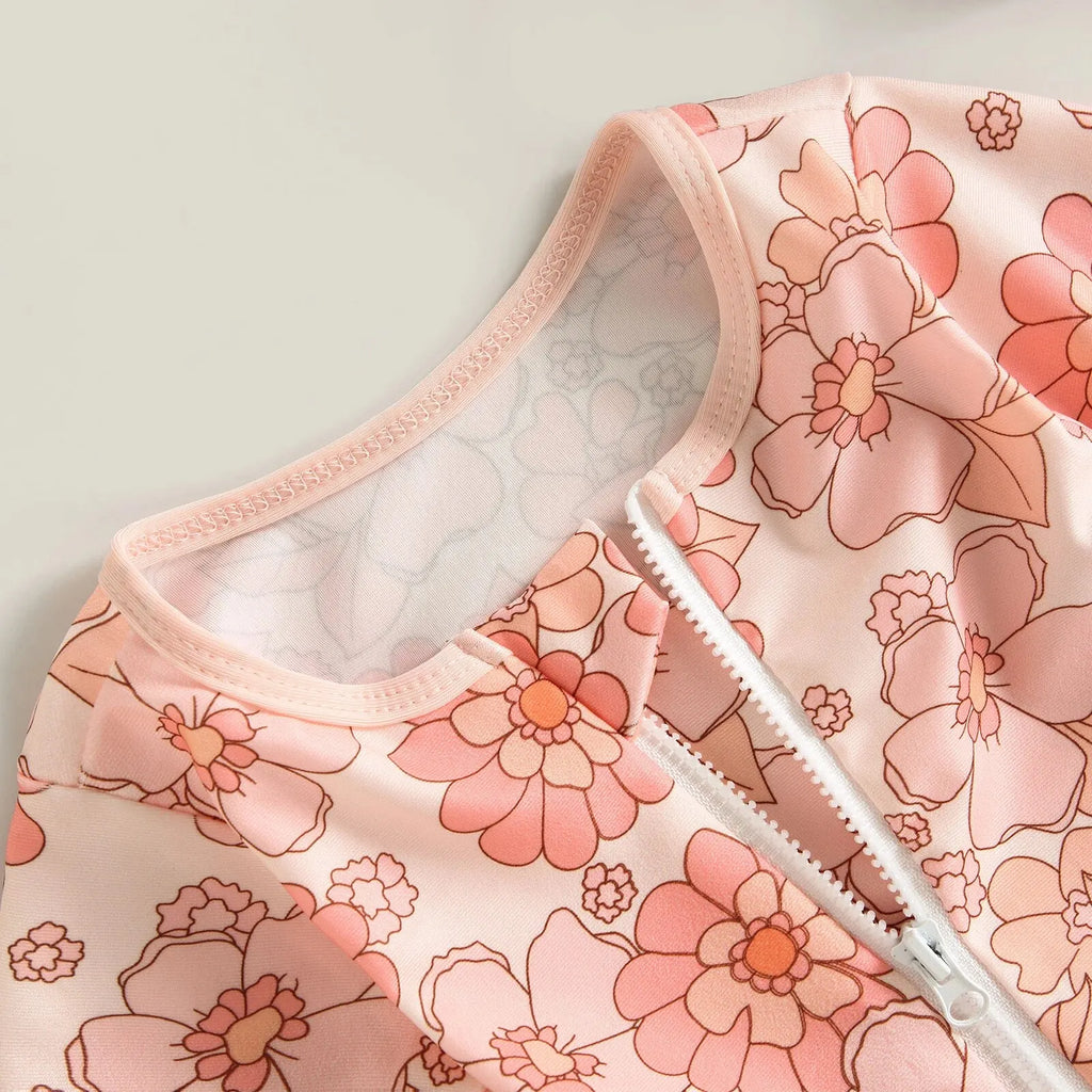 Maillot de Bain Bébé Fille Combinaison Zipper – Imprimé Flamant Rose Fleurs Manches Longues + Bandeau Été