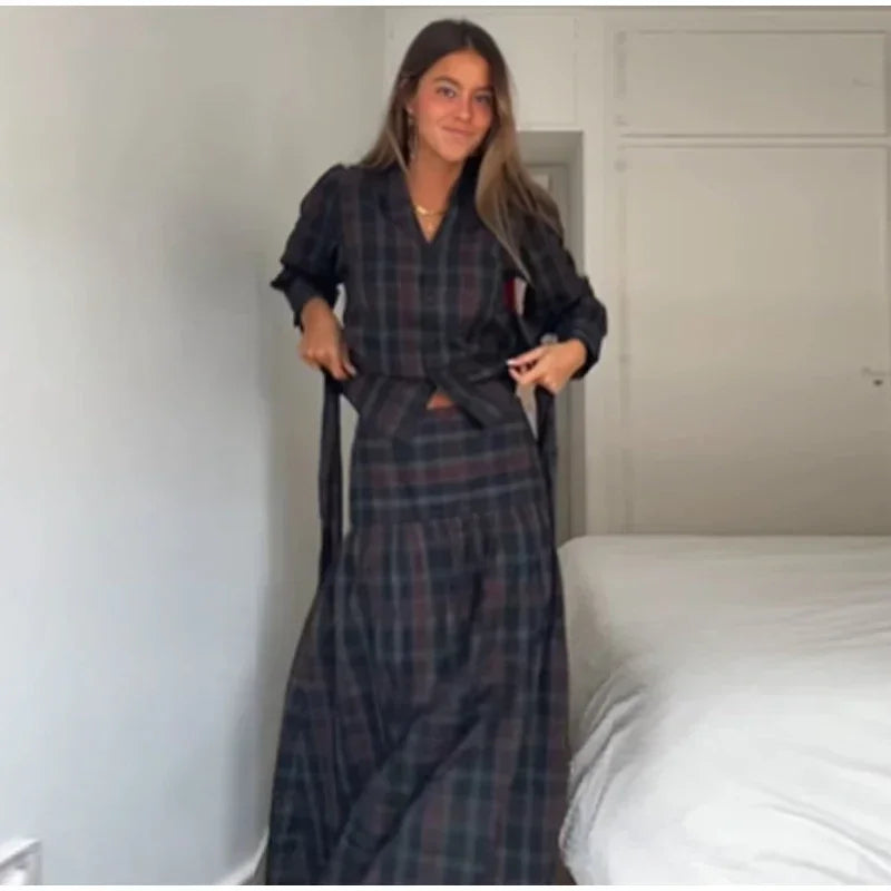 Ensemble 2 Pièces Femme Veste À Carreaux Manches Lanterne Lacets Plissée & Jupe Longue – Tenue Bureau Casual Chic Élégante | Mode