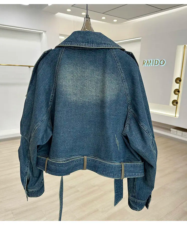 Veste Courte Femme Denim Bleu Col Rond Poches Style Coréen Ample – Mode Chic & Classique | Automne