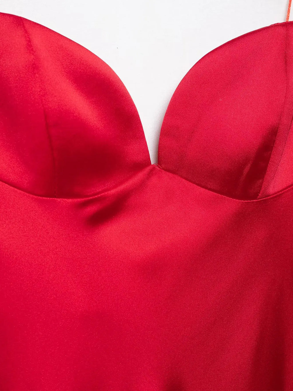 Robe Longue Femme Satin Rouge Col V Bretelles Sans Manches – Fermeture Dos Zip Élégante | HH Été 2025