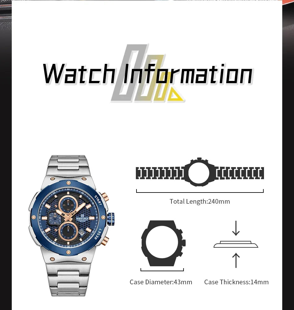 Montre Homme Chronographe Sport Luxe NAVIFORCE – Quartz Date Fashion Masculino