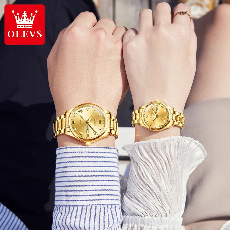 Paar-Uhr OLEVS Gold Luxus Quarz – Stahl Leuchtend Wasserdicht Datum Wochentag Trend