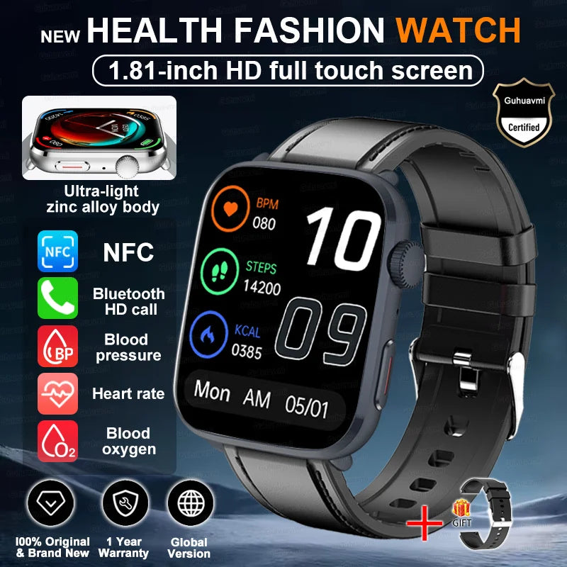 Smartwatch 2025 Unisex Gesundheit NFC Bluetooth – Blutdruck Sauerstoff Sport Anrufe | Herren & Damen