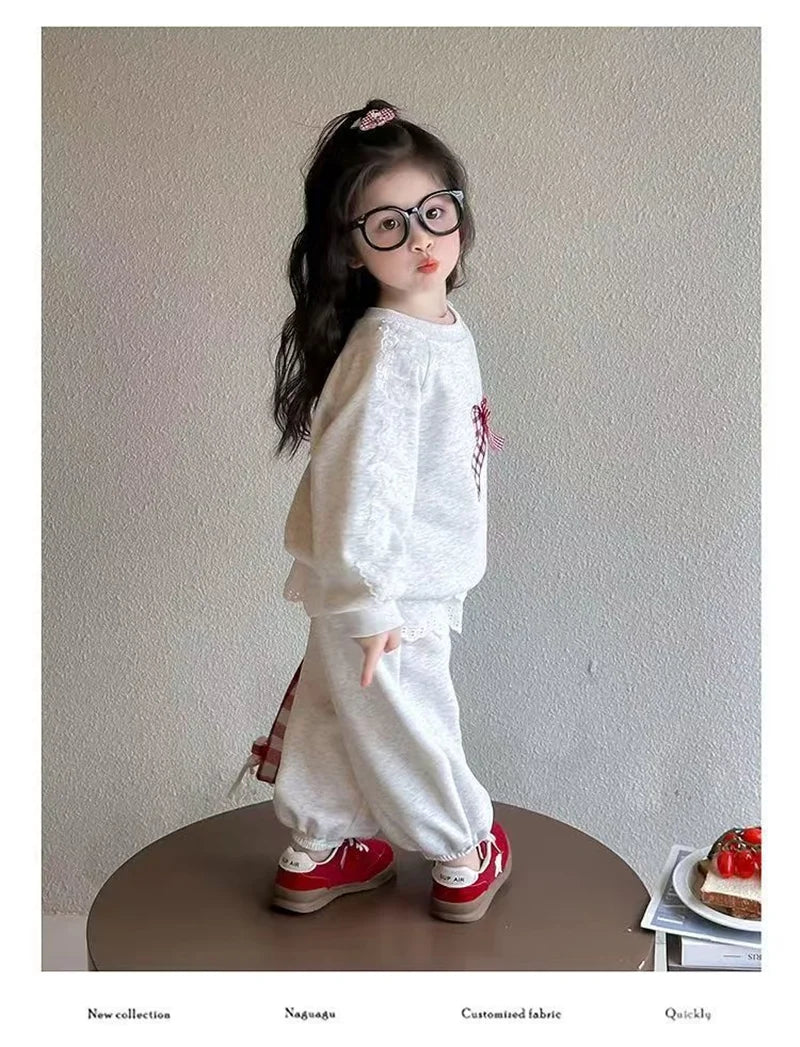2-teiliges Set für Mädchen, Baumwolle, Spitze, Schleife – Langarm-Sweatshirt, Jogginghose für Kinder 2025