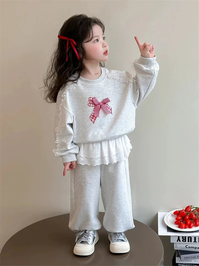 2-teiliges Set für Mädchen, Baumwolle, Spitze, Schleife – Langarm-Sweatshirt, Jogginghose für Kinder 2025