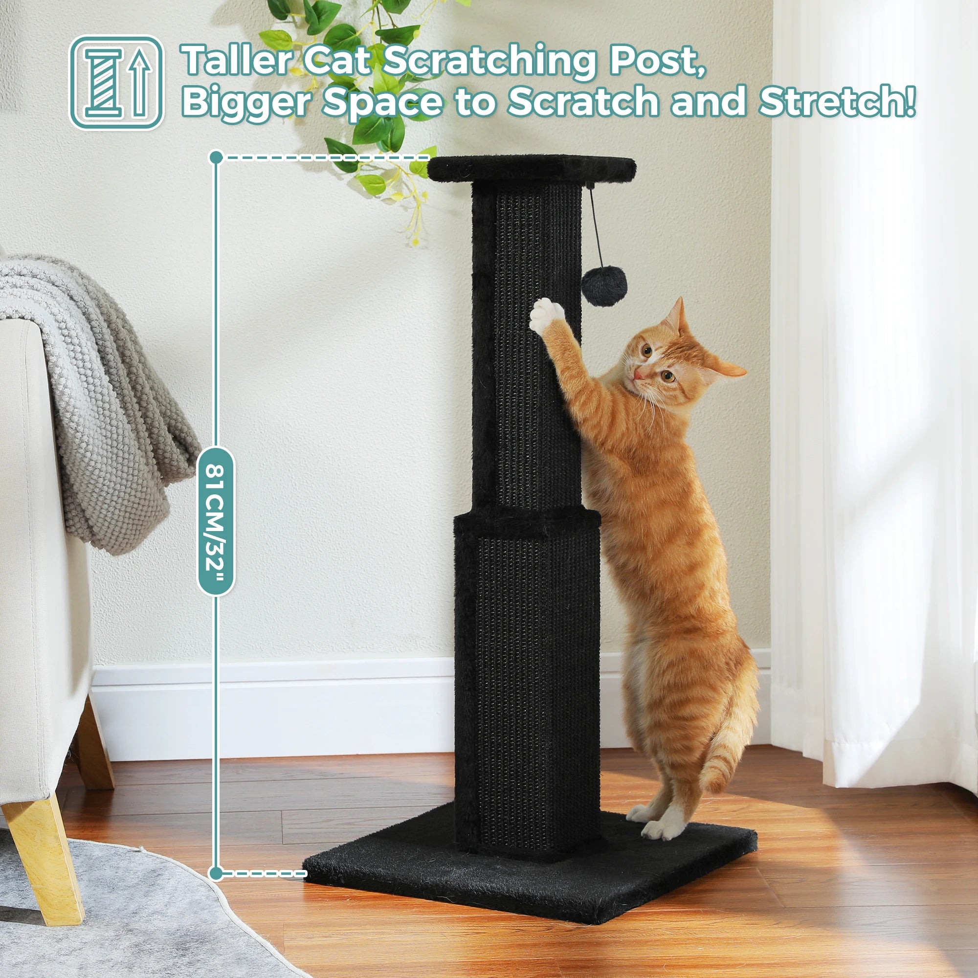Grand Griffoir Chat Sisal Tressé – Balle Suspendue, Haute Colonne, Jouet & Grattoir pour Chats d'Intérieur Adultes